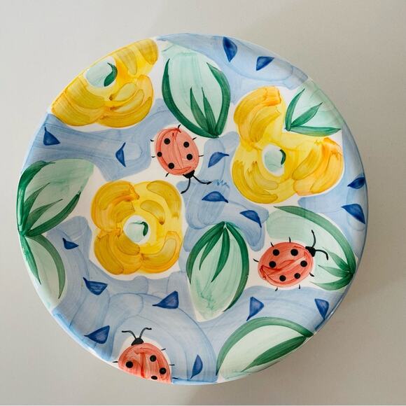 VINTAGE Set/ 4 Dinner Dining Plates Yellow Blue Floral Design Y2K 90s Painted - Picture 1 of 7